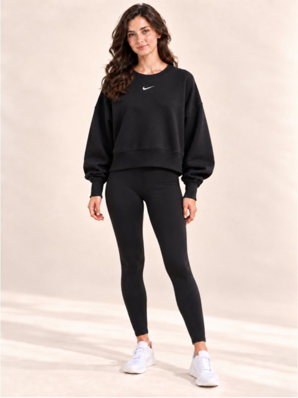 Nike Cropped Oversized Sweatshirt Womens Large Black Center Swoosh Crewneck NWOT
